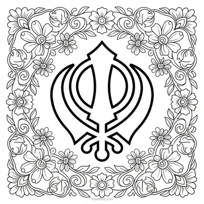 Khanda symbol coloring page with floral border