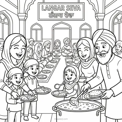 Langar Seva — Festivals & Vaisakhi printable Sikh coloring page