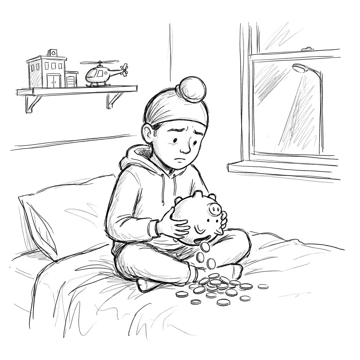 Fateh Singh sitting on his bed and emptying his piggy bank