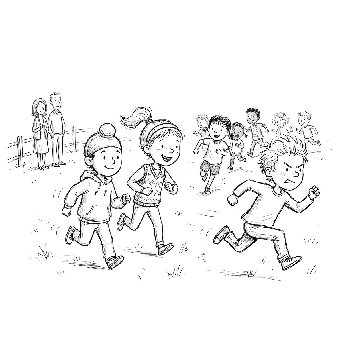 Fateh, Ruby, and other children running the fun run on the school field