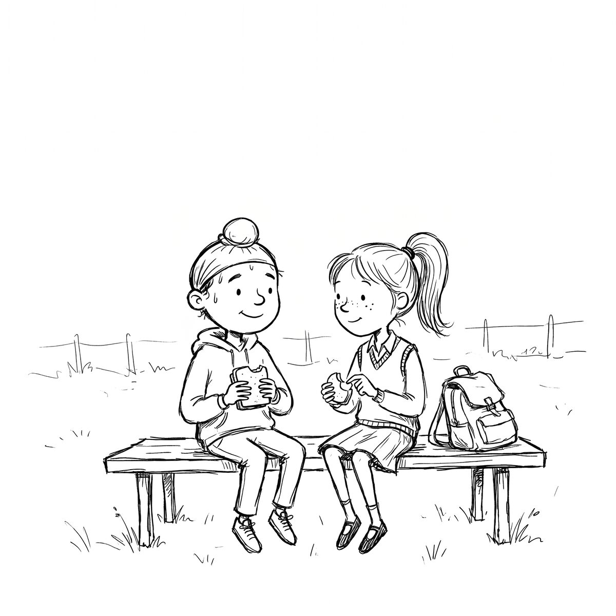 Fateh and Ruby sitting on a bench eating flapjacks after the run