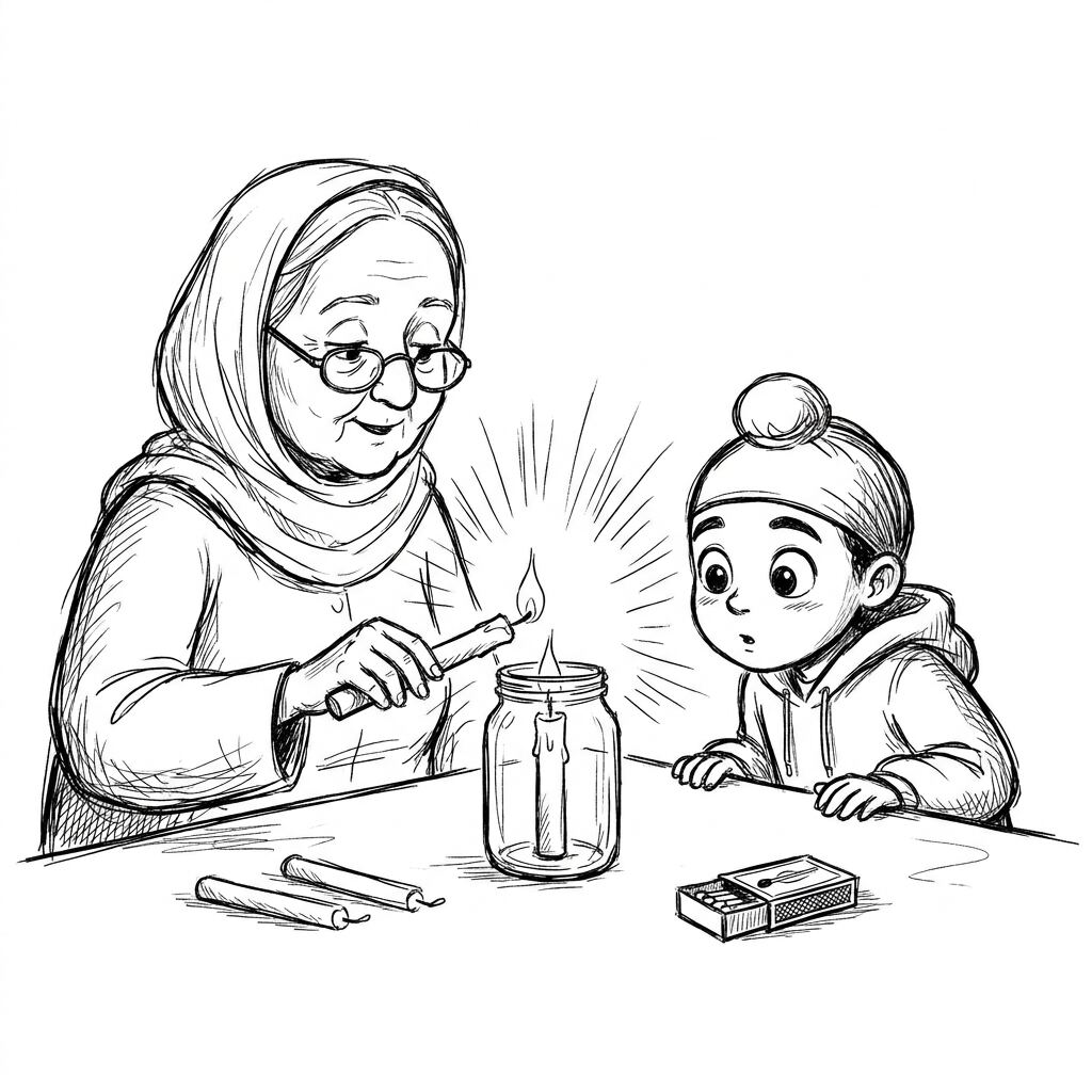 Dadi ji lighting a second candle from the first at the kitchen table
