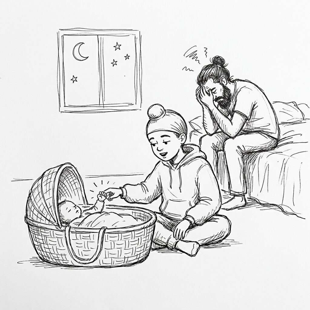 Fateh Singh reciting softly beside the basket in the early morning while his parents rest