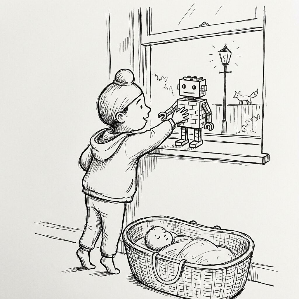 Fateh Singh placing the Lego guard robot on the windowsill above the sleeping baby