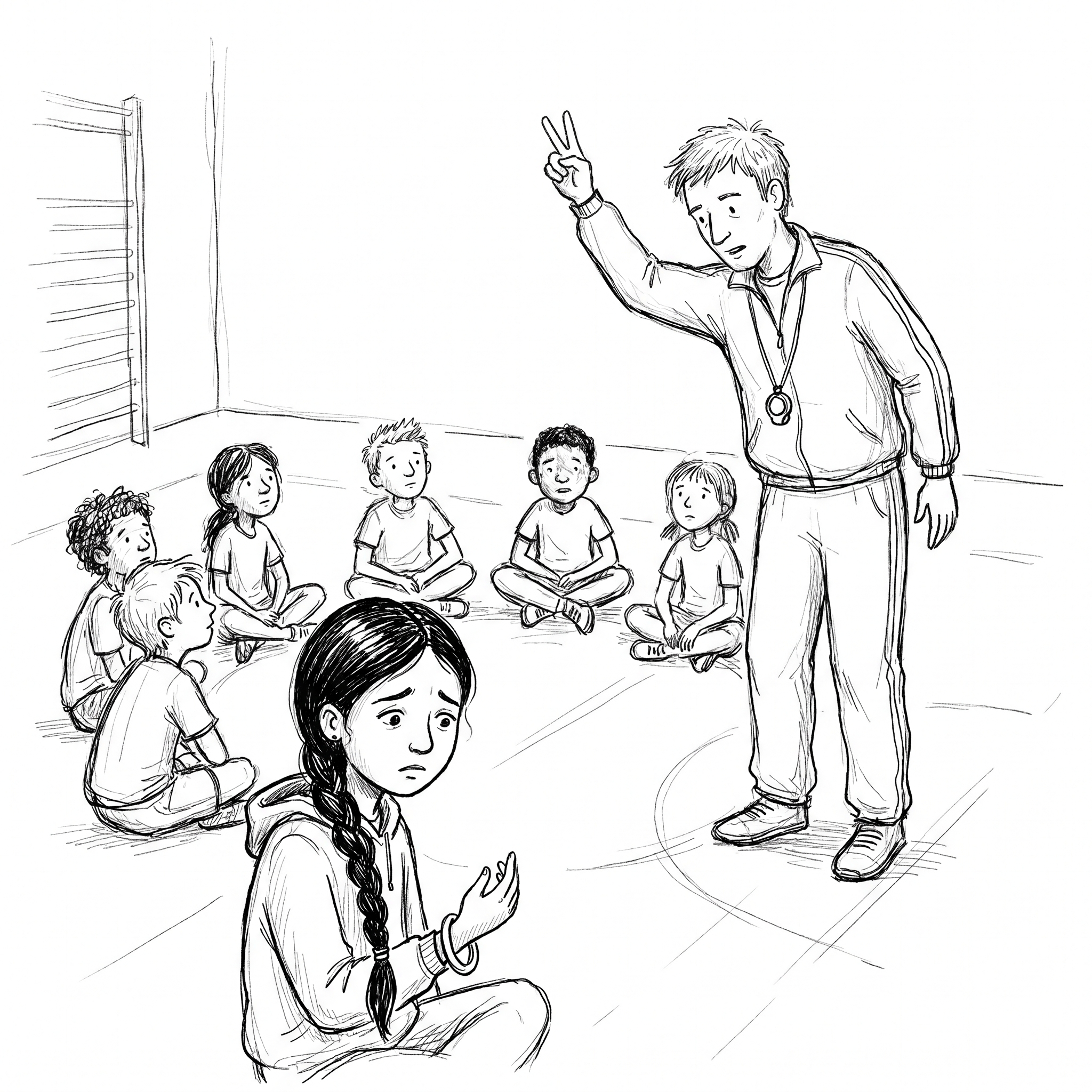 Mr. Bennett the gym teacher explaining the safety rule to children seated in a half-circle, while Simran looks worriedly at her wrist
