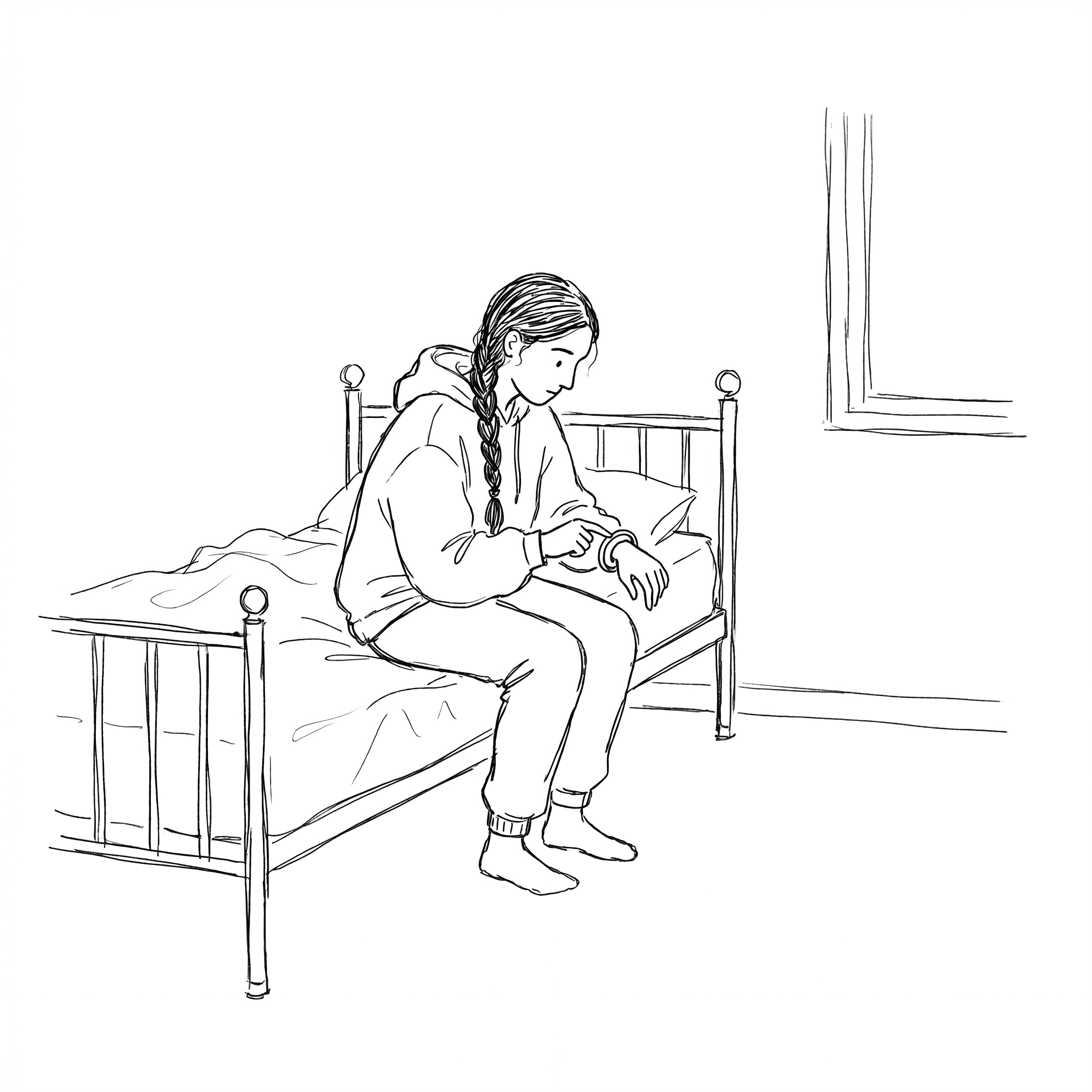 Simran sitting on the edge of her bed in the evening, turning the kara on her wrist, deep in thought