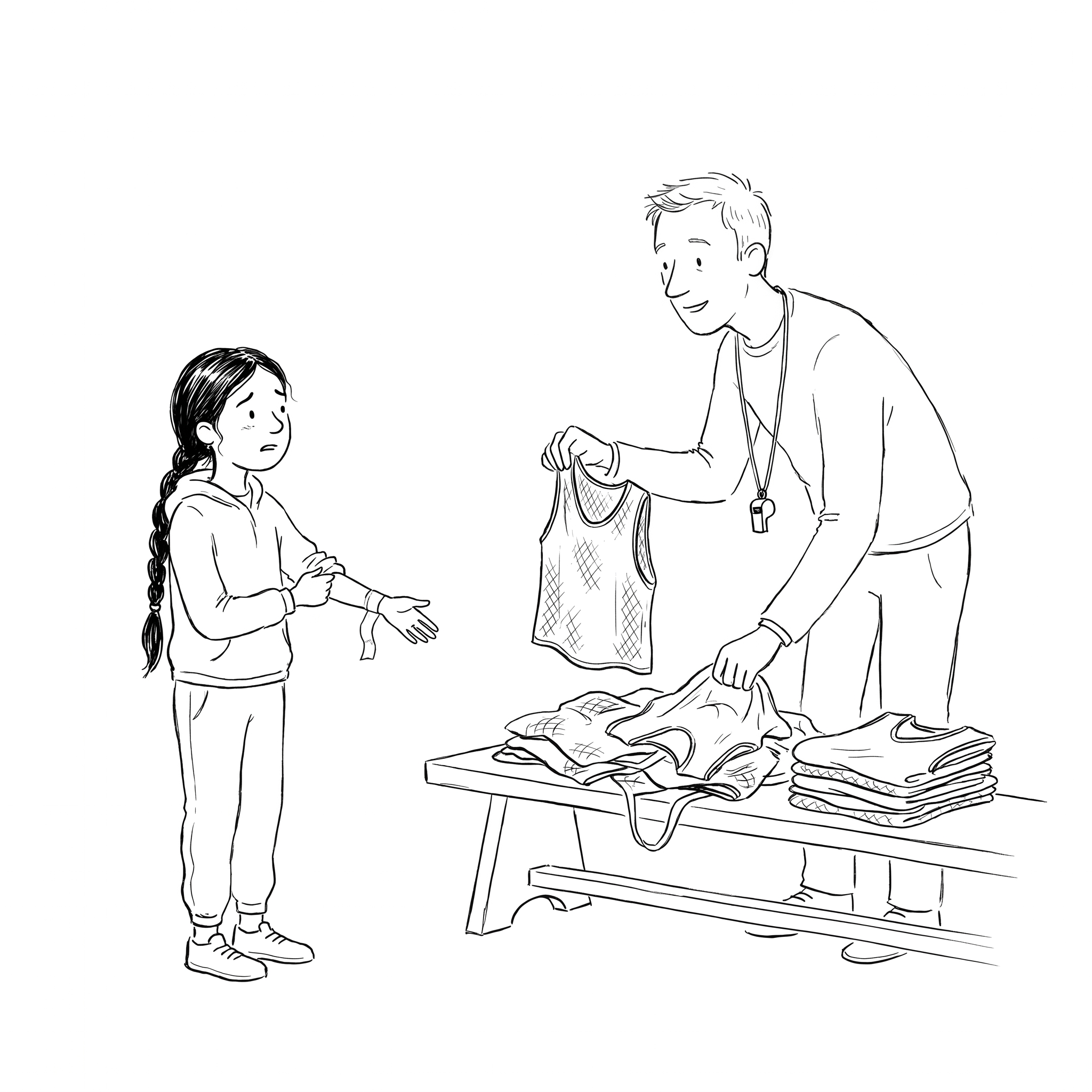 Simran holding out her taped wrist to Mr. Bennett, who looks up kindly from a basket of sports bibs
