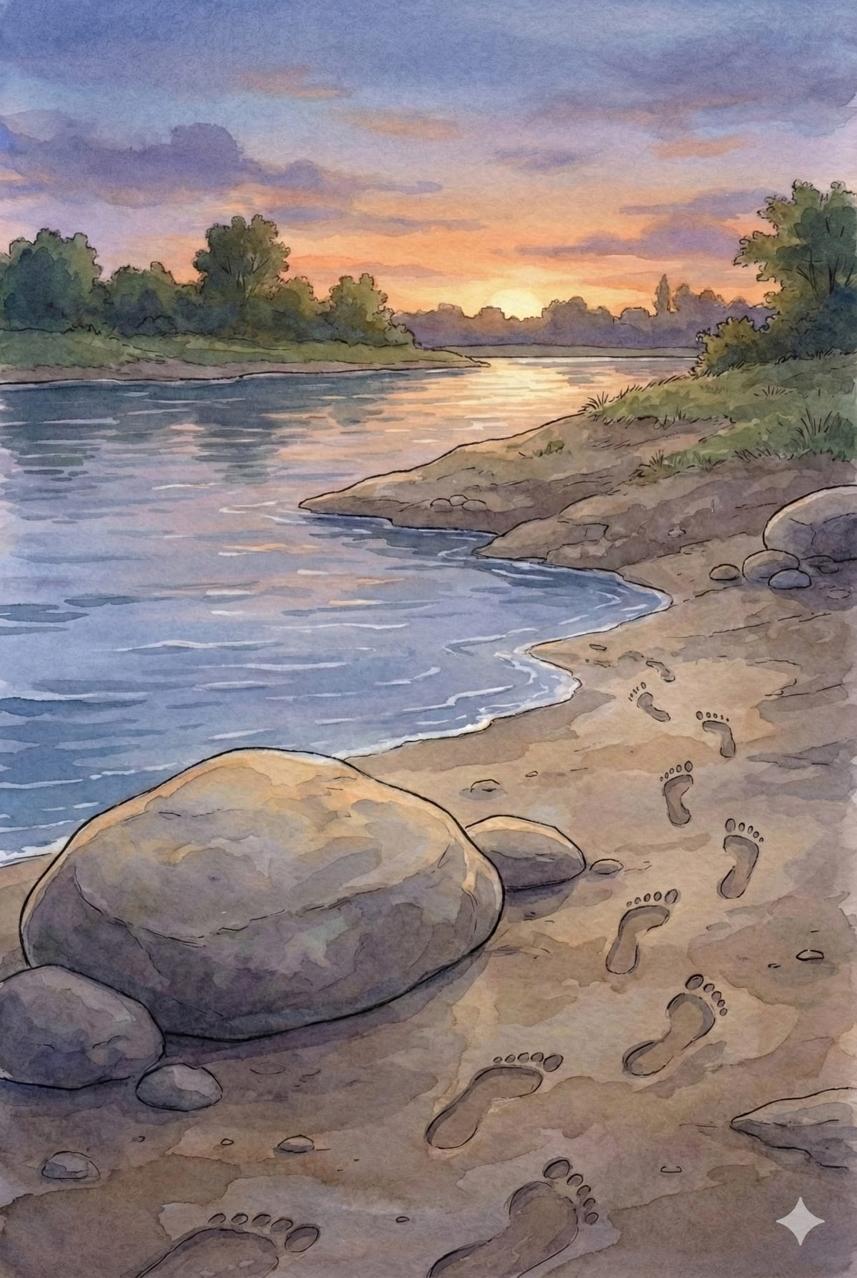 Abstract illustration of meditation and quiet reflection by a river