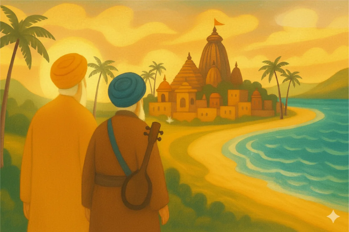 Guru Nanak and Bhai Mardana arriving at Jagannath Puri by the sea