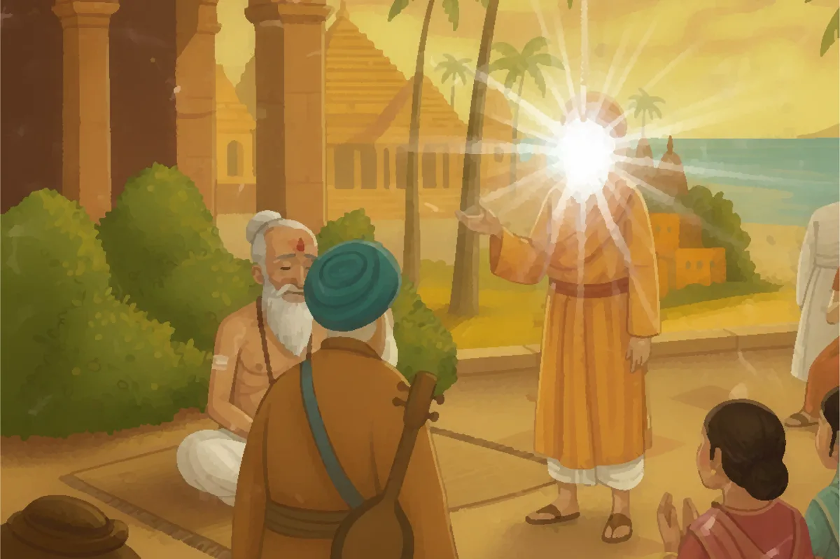 Guru Nanak speaking, light breaking behind him as the crowd looks on