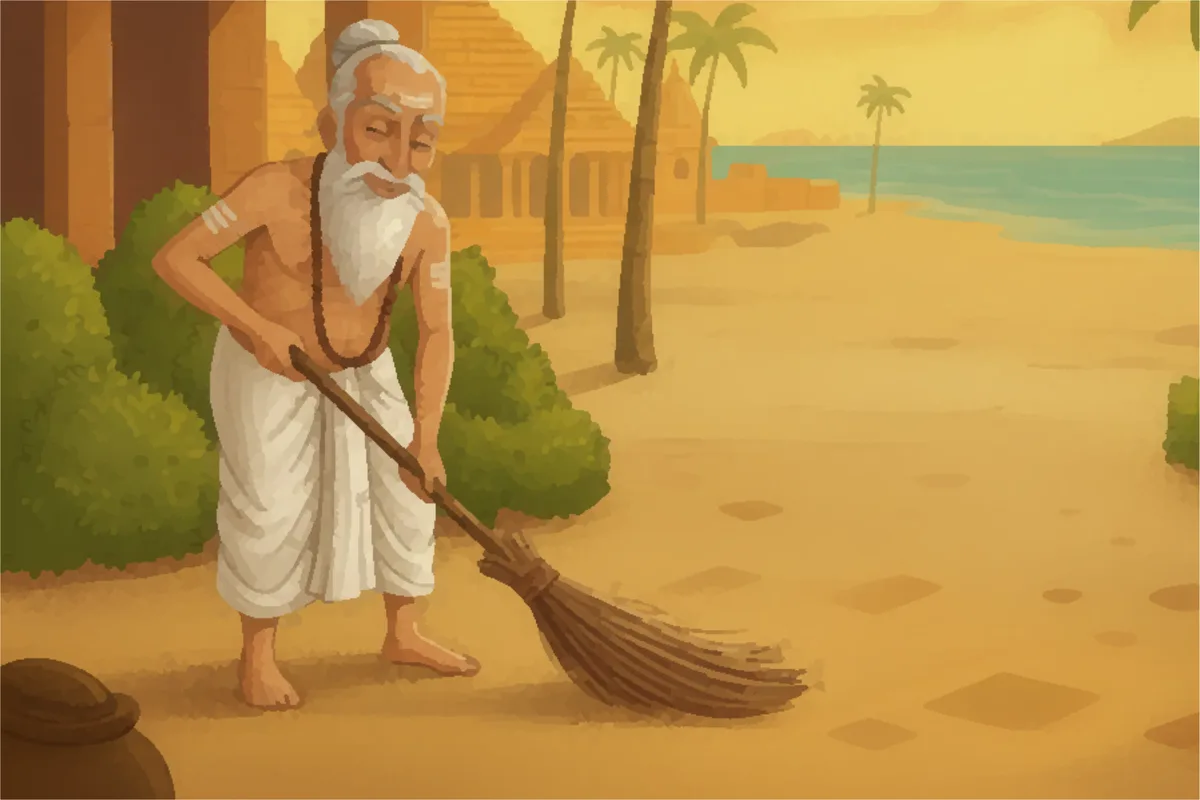 The pandit sweeping the ground, now doing sewa