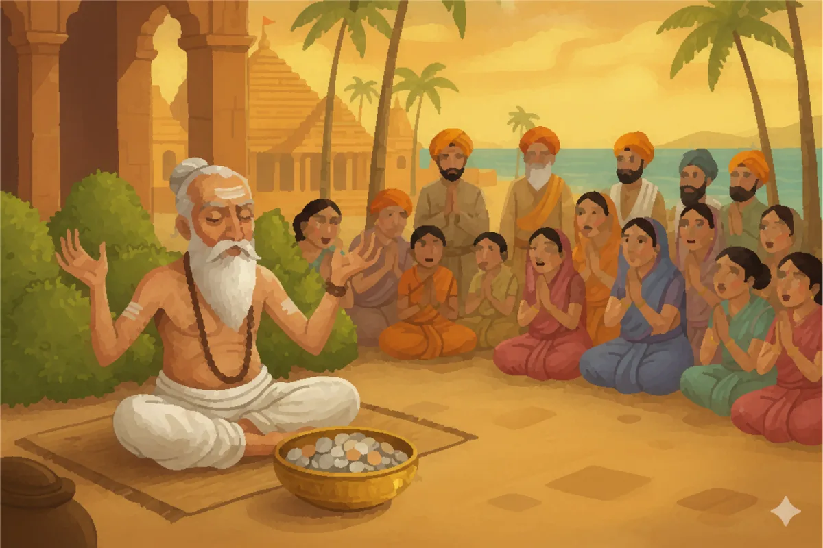 Kaljug Pandit sitting with his eyes shut beside a bowl of coins, a crowd watching