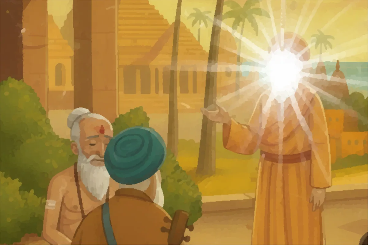 Guru Nanak teaching the pandit, light filling the courtyard