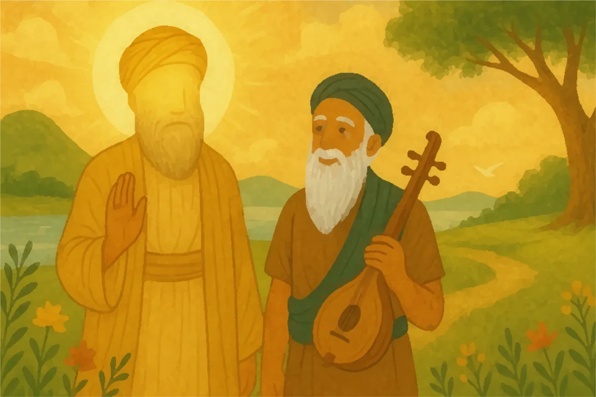Guru Nanak Dev Ji walking with Bhai Mardana, who carries his rabab