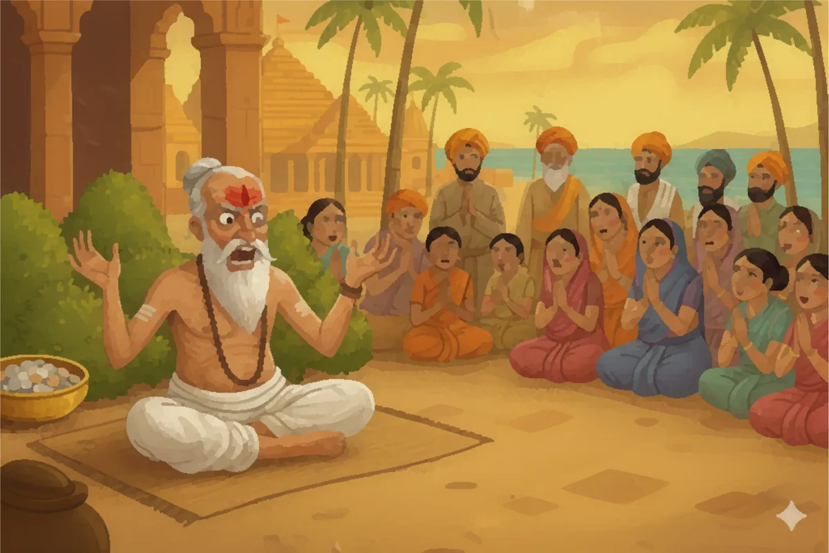 The pandit opening his eyes to find the bowl gone
