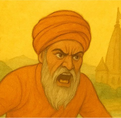 The sadhu shouting, his face full of anger