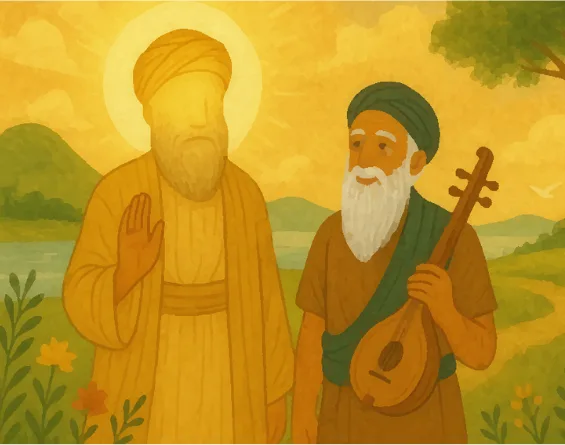 Guru Nanak singing with Bhai Mardana playing the rabab beside him