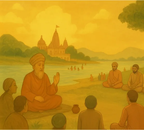 Vaishnu Sadh seated before a crowd, pretending to teach