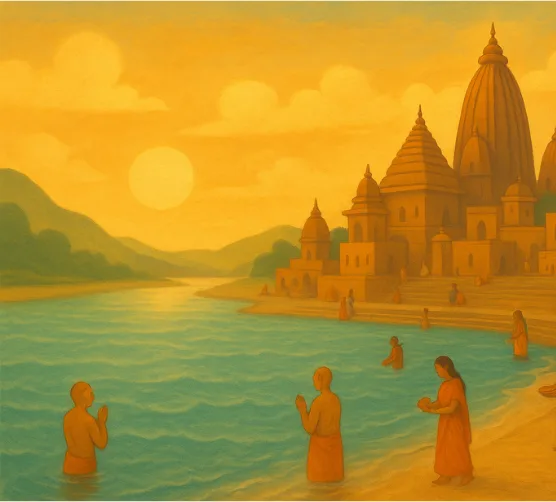 Pilgrims bathing in the Ganges at Haridwar at sunrise