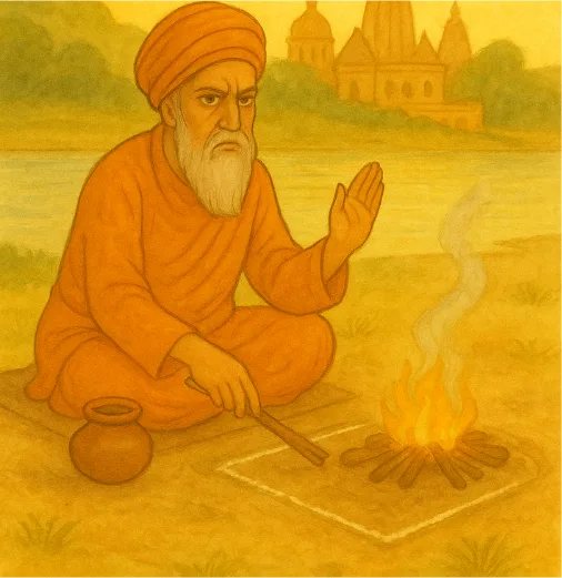 The sadhu marking out his cooking square and lighting his fire