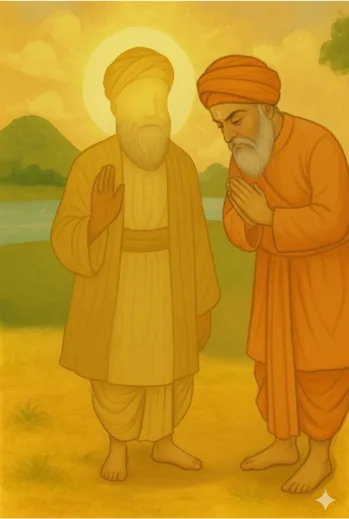 The sadhu bowing to Guru Nanak