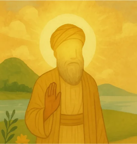 Guru Nanak answering gently, his hand raised