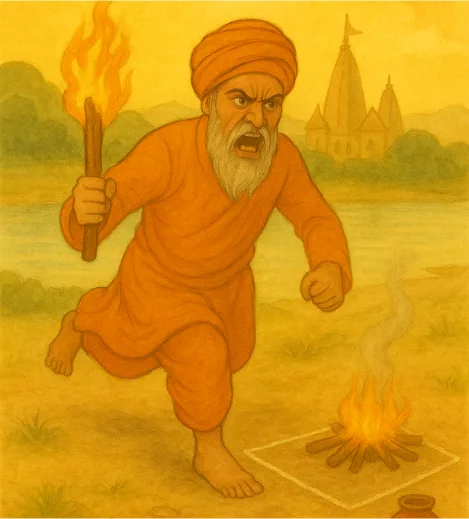 The sadhu running with a burning stick, furious