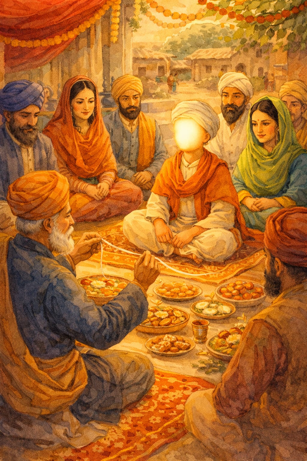 Mehta Kalu talking to young Nanak about the janeu ceremony