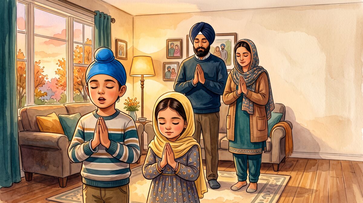 Two Sikh children lead their parents in Ardas, hands folded, in their living room at home