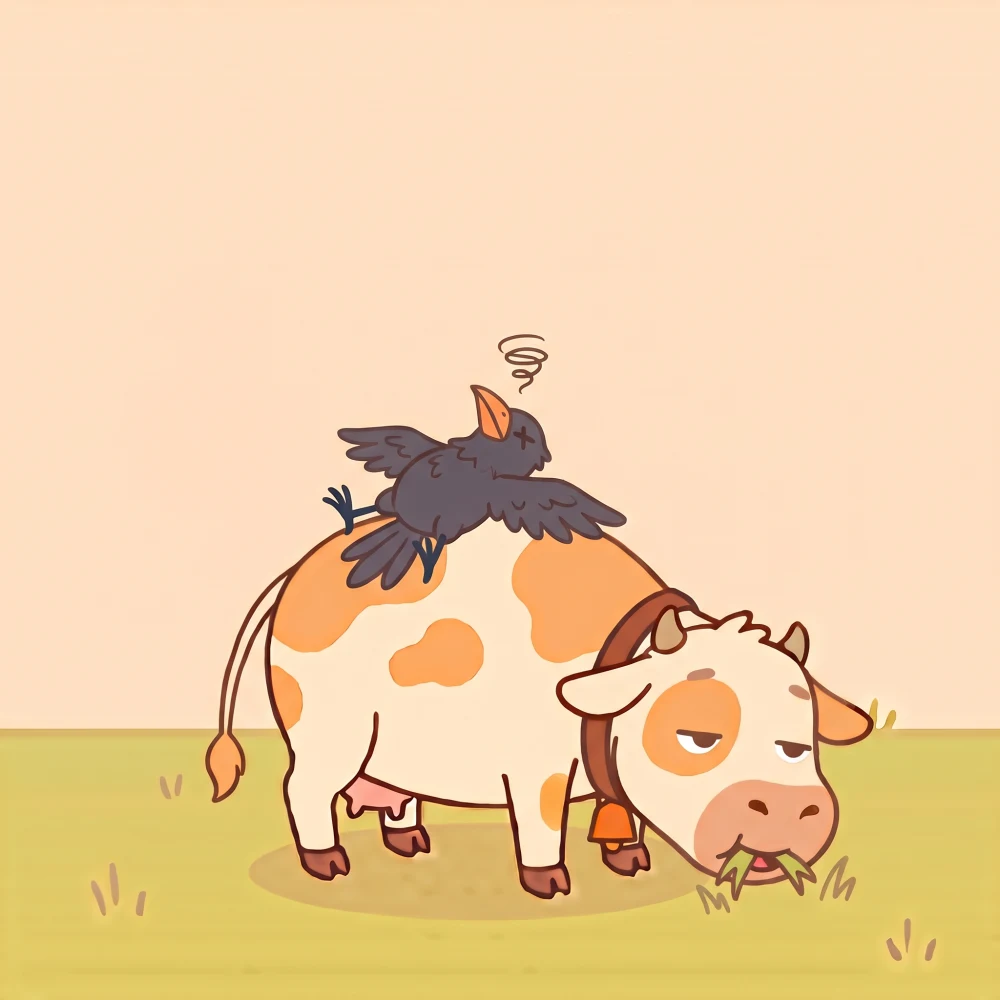 ਕਾਂ collapses, flat on his back on ਗਾਂ's back, wings splayed, exhausted and defeated. At the same time ਗਾਂ lowers her big head down toward the grass.
