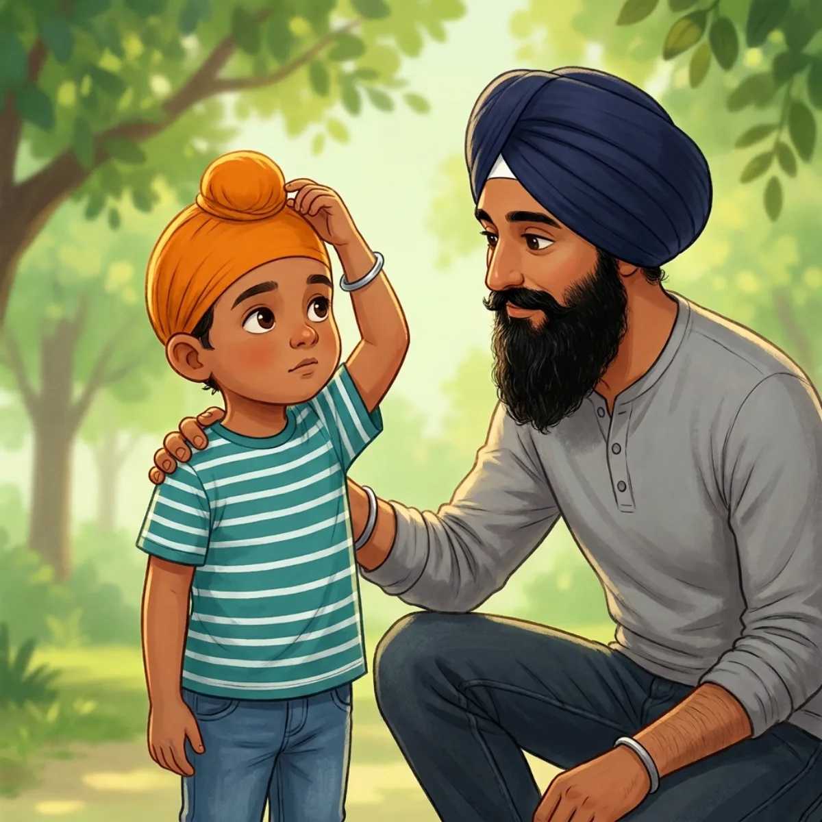 Tegh's Question — ਤੇਗ ਨੇ ਆਪਣੇ ਪਟਕੇ ਨੂੰ ਹੱਥ ਲਾਇਆ। ਹੇਠਾਂ ਉਸ ਦਾ ਨਿੱਕਾ ਜੂੜਾ ਸੀ। "ਡੈਡੀ, ਕੀ ਮੈਂ ਵੀ ਸੈਮ ਵਾਂਗ ਛੋਟੇ ਵਾਲ਼ ਕਰਾ ਲਵਾਂ?" ਡੈਡੀ ਗੋਡੇ ਭਾਰ ਹੋ ਕੇ ਤੇਗ ਦੇ ਕੋਲ ਬੈਠ ਗਏ।