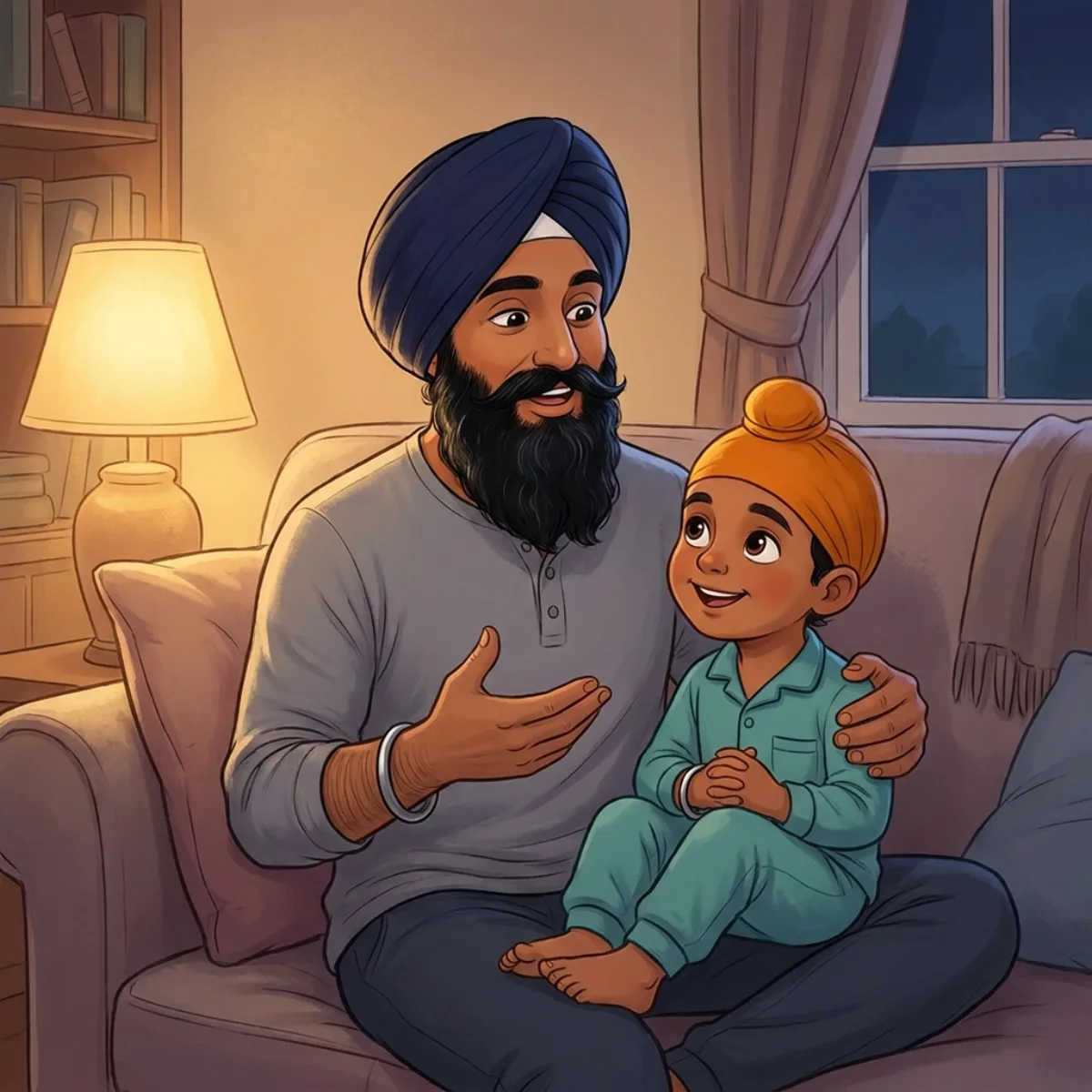 A Gift for Everyone — "ਬਹੁਤ ਚਿਰ ਪਹਿਲਾਂ, ਇੱਕ ਖਾਸ ਦਿਨ..." ਡੈਡੀ ਨੇ ਦੱਸਿਆ। "ਗੁਰੂ ਗੋਬਿੰਦ ਸਿੰਘ ਜੀ ਨੇ ਆਪਣੇ ਸਾਰੇ ਸਿੱਖਾਂ ਨੂੰ ਇਹ ਤੋਹਫ਼ਾ ਦਿੱਤਾ।" "ਕੇਸ, ਤੇ ਸਿਰ ਉੱਤੇ ਤਾਜ ਵਰਗੀ ਦਸਤਾਰ — ਭੈਣਾਂ ਤੇ ਭਰਾਵਾਂ, ਸਭ ਨੂੰ।" "ਮੇਰਾ ਵੀ ਤੇਰੇ ਵਰਗਾ ਨਿੱਕਾ ਜੂੜਾ ਹੁੰਦਾ ਸੀ। ਤੇ ਤੇਰੇ ਦਾਦਾ ਜੀ ਦਾ ਵੀ।" "ਇਹ ਤੋਹਫ਼ਾ ਹੱਥੋਂ ਹੱਥ ਤੇਰੇ ਤੱਕ ਆਇਆ। ਹੁਣ ਇਹ ਤੇਰਾ ਏ, ਸੰਭਾਲ ਕੇ ਰੱਖਣ ਲਈ।"